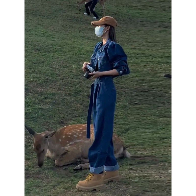 جاكيت قصير بأكمام منتفخة بأسلوب ملحمي جديد لخريف 2023 مع بنطلون جينز هاريم بدلة جينز جديدة للنساء - Image 4